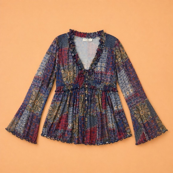 NATURAL LIFE Tops - Natural Life Boho Patchwork Sheer Blouse L Floral Ruffle Tie Front Festival